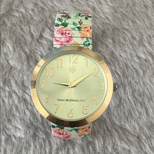 Isaac Mizrahi Gold Tone Watch with Floral Green Strap